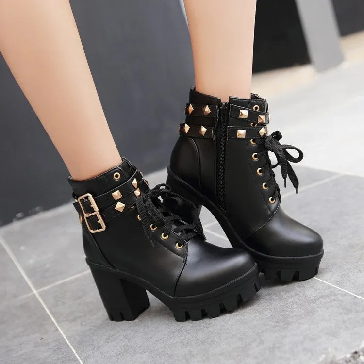 Women's Pu Leather Belts Buckles Lace Up Block Heel Platform Ankle Boots