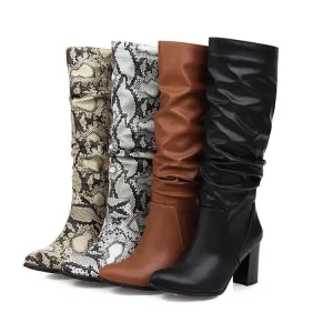 Women's Pu Leather Pointed Toe Stitching Block Heel Knee High Boots