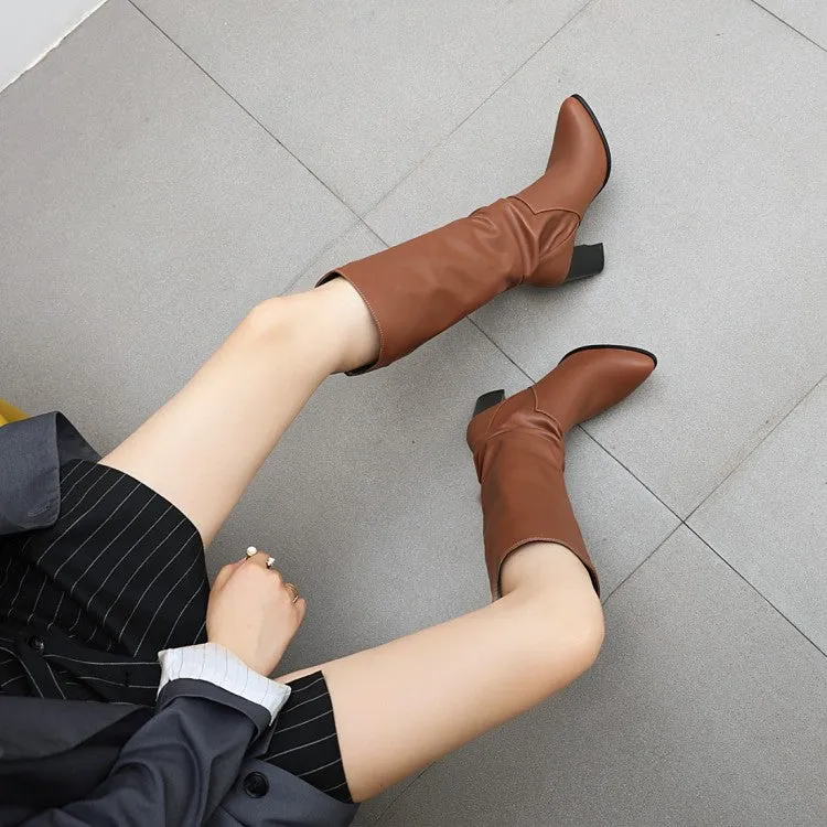 Women's Pu Leather Pointed Toe Stitching Block Heel Knee High Boots