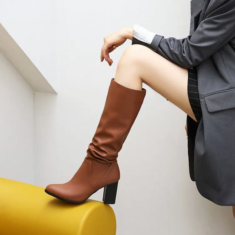 Women's Pu Leather Pointed Toe Stitching Block Heel Knee High Boots