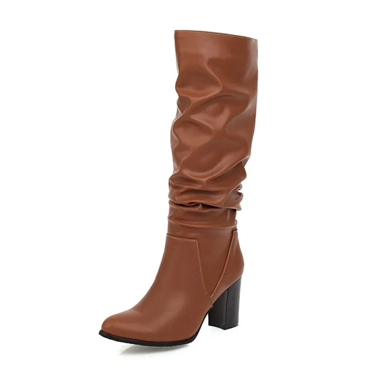 Women's Pu Leather Pointed Toe Stitching Block Heel Knee High Boots