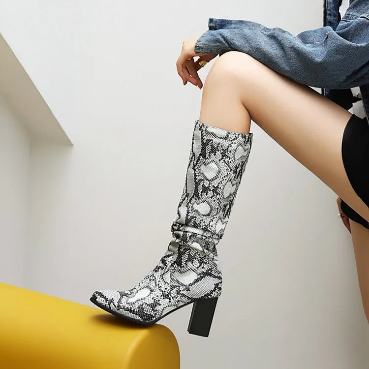 Women's Pu Leather Pointed Toe Stitching Block Heel Knee High Boots