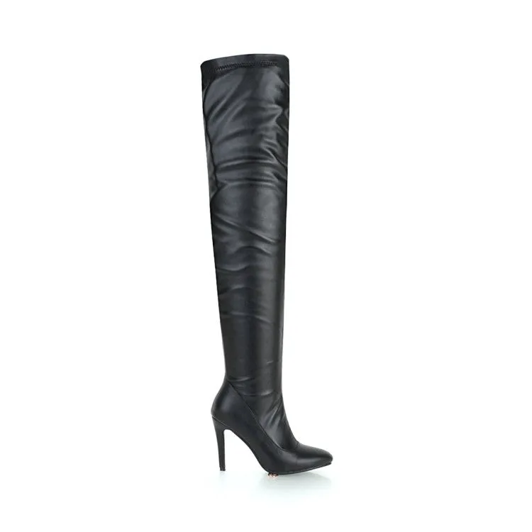 Women's Pu Leather Pointed Toe Stitching Stiletto Heel Over the Knee Boots