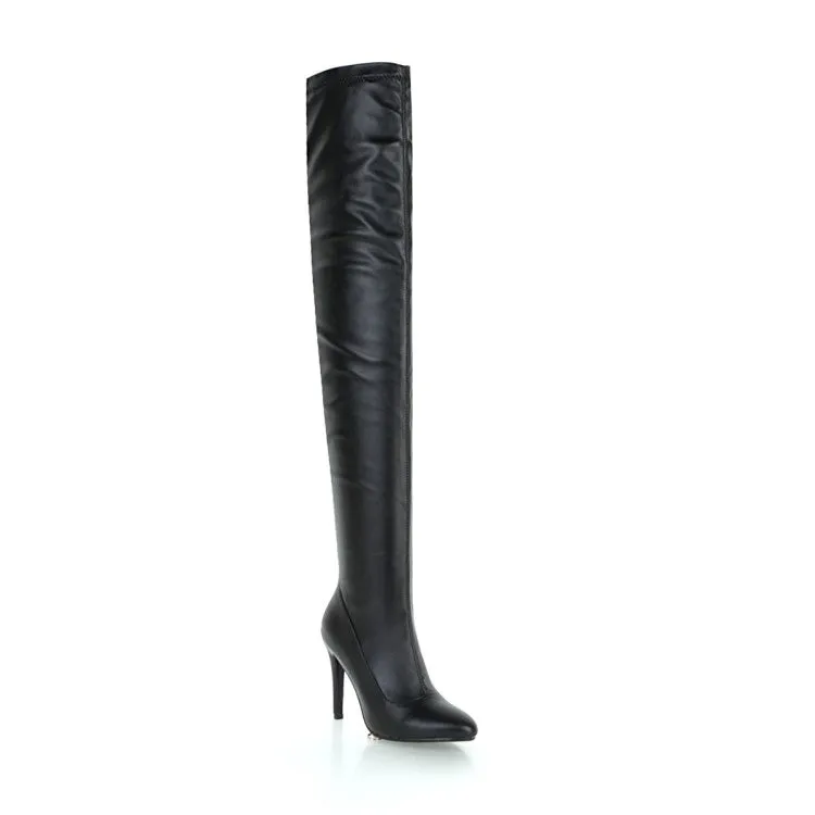 Women's Pu Leather Pointed Toe Stitching Stiletto Heel Over the Knee Boots