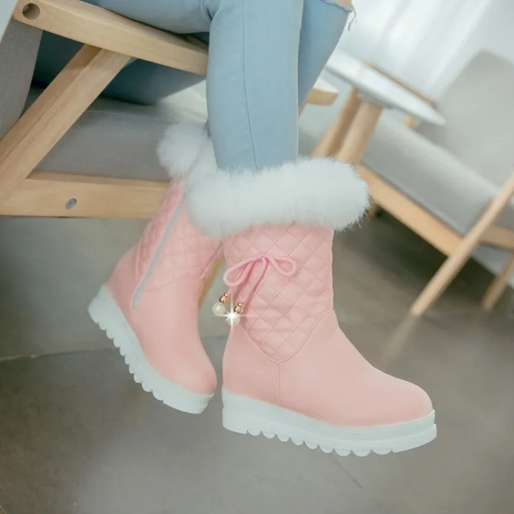 Women's Round Toe Tied Straps Pearls Flat Platform Mid-Calf Boots