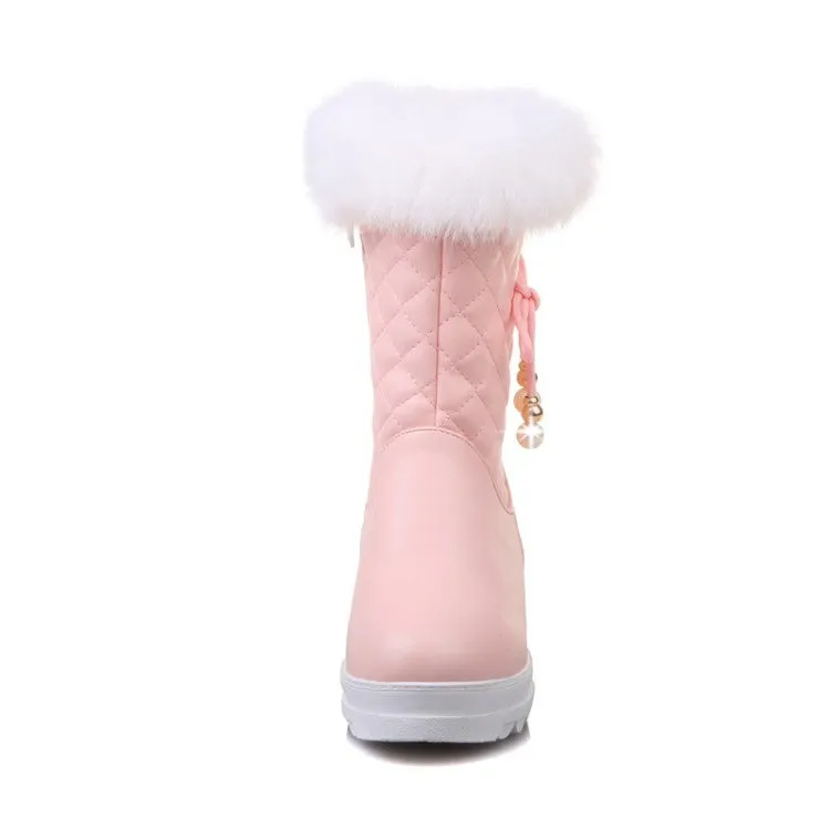 Women's Round Toe Tied Straps Pearls Flat Platform Mid-Calf Boots